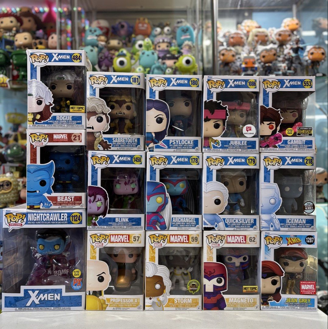 Funko Pop! X-Men (Category: Figurines & Statues) located in Bacoor. Submitted by fatmanplayss (Listing ID 1427691021, Image 1). Description: Funko X-Men Pops Nightcrawler - 9/10 - 1000php Rogue HT - 9/10 - 1000php Jubilee Wallgreens - 9/10 - 1500php Iceman - 9/10 - 1000php Professor X - 8/10 - 1500php Magneto HT - 8/10 - 1500php Storm GITD - 8/10 - 2500php Jean Grey MCC - 9/10 - 500php Blink - 9/10 - 500php Beast - 8/10 - 1000php Gambit GITD - 8/