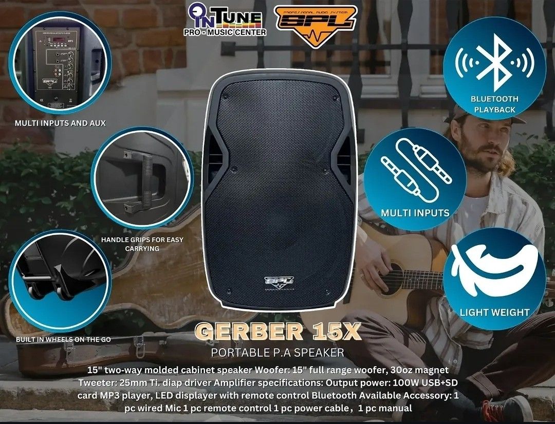 SPL Gerber 15X Portable P.A. Speaker per unit (Category: Soundbars, Speakers & Amplifiers) located in Mandaluyong City. Submitted by vefj888 (Listing ID 1427766737, Image 1). Description: Woofer 15 inch 30 oz. Tweeter 25 mm Functions: USB, SD, MP3 , BT, MIC/Instruments, Effects, EQ, RCA in/out, Aux in, master volume. Power 100 watts Voltage 120/240 volts selector With wheels, top and side handles Pole mountable includes 1 mic, power cable and man
