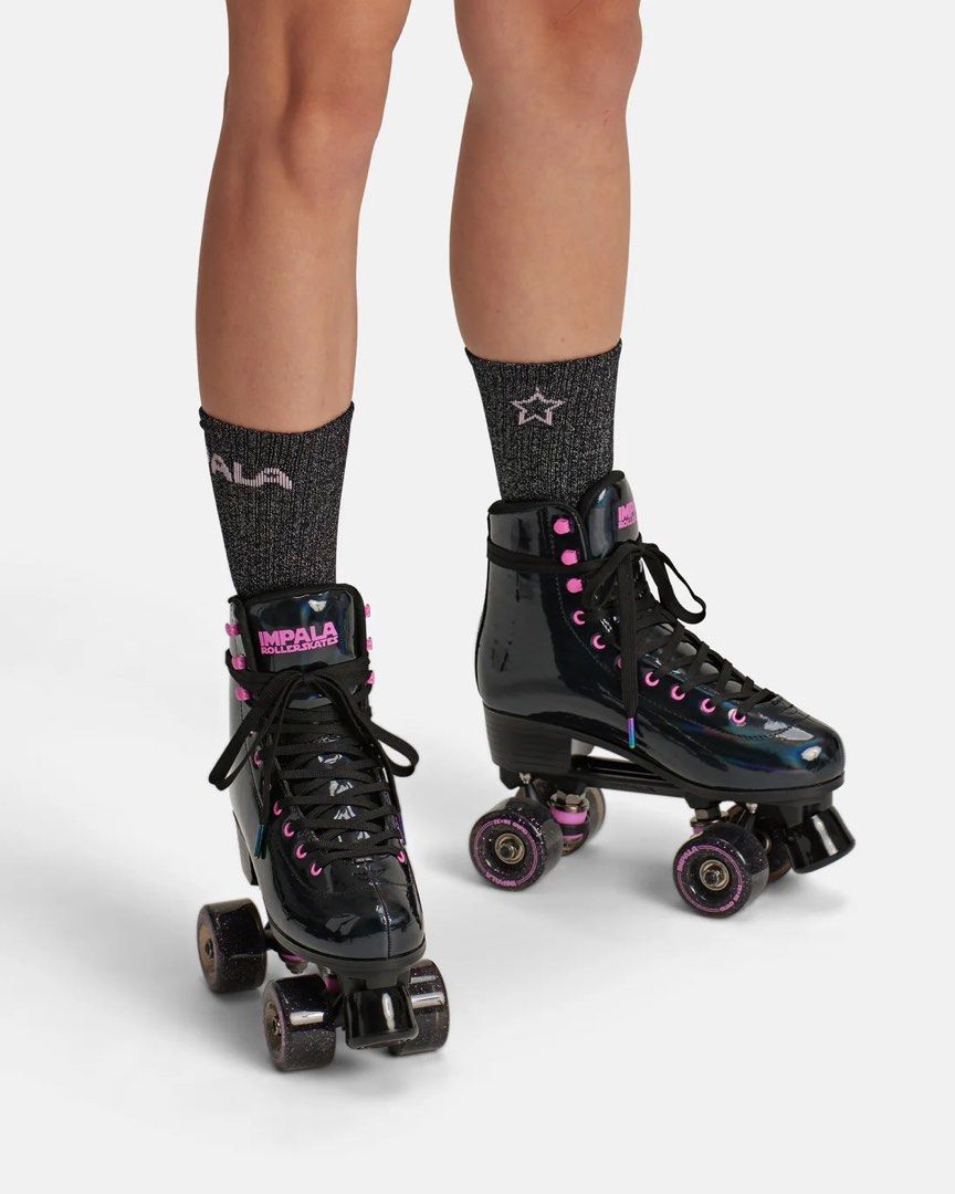 Impala Roller Skates Kids US Size 2 (Category: Skates, Rollerblades & Scooters) located in Manila. Submitted by boughtinternational (Listing ID 1427662202, Image 1). Description: SIZE US 2 Brand new with box From Australia BLACK HOLOGRAPHIC: SHINE IN EVERY SHADOW. With a sleek, black-iridescent boot that flashes rainbow light as you move, the Black Holographic Roller Skate brings a bold, unexpected twist to every turn. These skates aren’t just ac