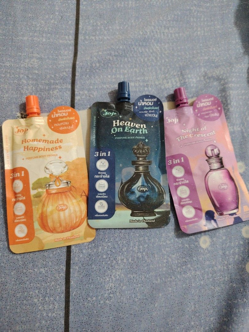 Joji Perfume Body Primer 3-in-1 Set (Category: Fragrance & Deodorants) located in Manila. Submitted by madtb (Listing ID 1427725693, Image 1). Description: Listing is for a set of three Joji Perfume Body Primers. The set includes the scents: Homemade Happiness, Heaven on Earth, and Night of the Consent. Each pouch contains 50 ml of product. These 3-in-1 primers are designed for the body. Made in Thailand. Take all 100 ea.