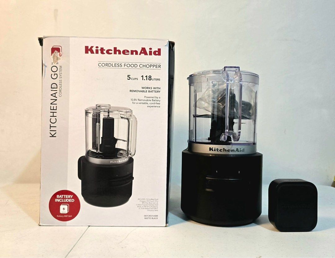 KitchenAid Cordless Food Chopper (Category: Other Kitchen Appliances) located in Taytay. Submitted by mikz_1303 (Listing ID 1427643136, Image 1). Description: Kitchen Aid Cordless Food Chopper Australian mall pull out Used as display unit Brandnew open box only Complete Inclusion 1 Battery Type C cable Box Manual 8.5k.