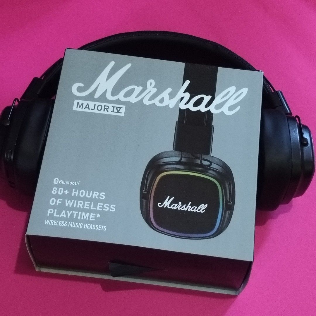 Marshall Major IV Wireless Headphones {OEM} (Category: Headphones & Headsets) located in Paranaque City. Submitted by powerzone0517 (Listing ID 1427692157, Image 3). Description: Marshall Major IV wireless headphones feature Bluetooth connectivity and offer 80+ hours of wireless playtime. The headphones are black and come in their original packaging. The box displays the Marshall logo and the Major IV model name. The headphones themselves are bla