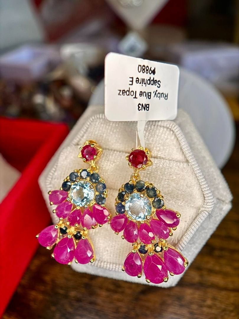 Natural Ruby, Sapphire & Topaz | Satement Earrings (Category: Earrings) located in Baguio. Submitted by asna_taku (Listing ID 1427648033, Image 3). Description: ✨ Statement Luxury You Won’t See Twice ✨ If you’re tired of “common” pieces… this is your upgrade. 💎 💖 Natural RUBY, SAPPHIRE & TOPAZ ✨ Intricate multi-gem floral design 💛 Silver plated in gold 🆕 Brand new 📦 Only 3 pairs available 1❌ 2✅ ₱9,880 💎 Why you need this: • Instantly elevat