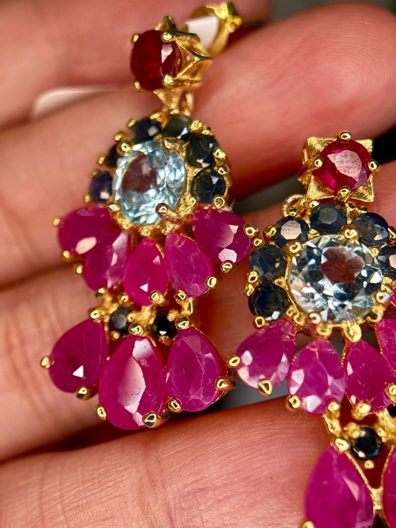 Natural Ruby, Sapphire & Topaz | Satement Earrings (Category: Earrings) located in Baguio. Submitted by asna_taku (Listing ID 1427648033, Image 2). Description: ✨ Statement Luxury You Won’t See Twice ✨ If you’re tired of “common” pieces… this is your upgrade. 💎 💖 Natural RUBY, SAPPHIRE & TOPAZ ✨ Intricate multi-gem floral design 💛 Silver plated in gold 🆕 Brand new 📦 Only 3 pairs available 1❌ 2✅ ₱9,880 💎 Why you need this: • Instantly elevat