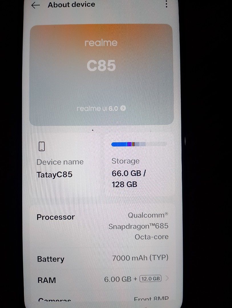 Realme C85 (Category: Realme) located in Antipolo. Submitted by gavepsalmstuff (Listing ID 1427738615, Image 2). Description: PRICE FOR ATTENTION ONLY selling for a friend rfs: need funds purchased last Feb 7 2026 9999 nabili isa makinis na makinis pa complete with box and charger.