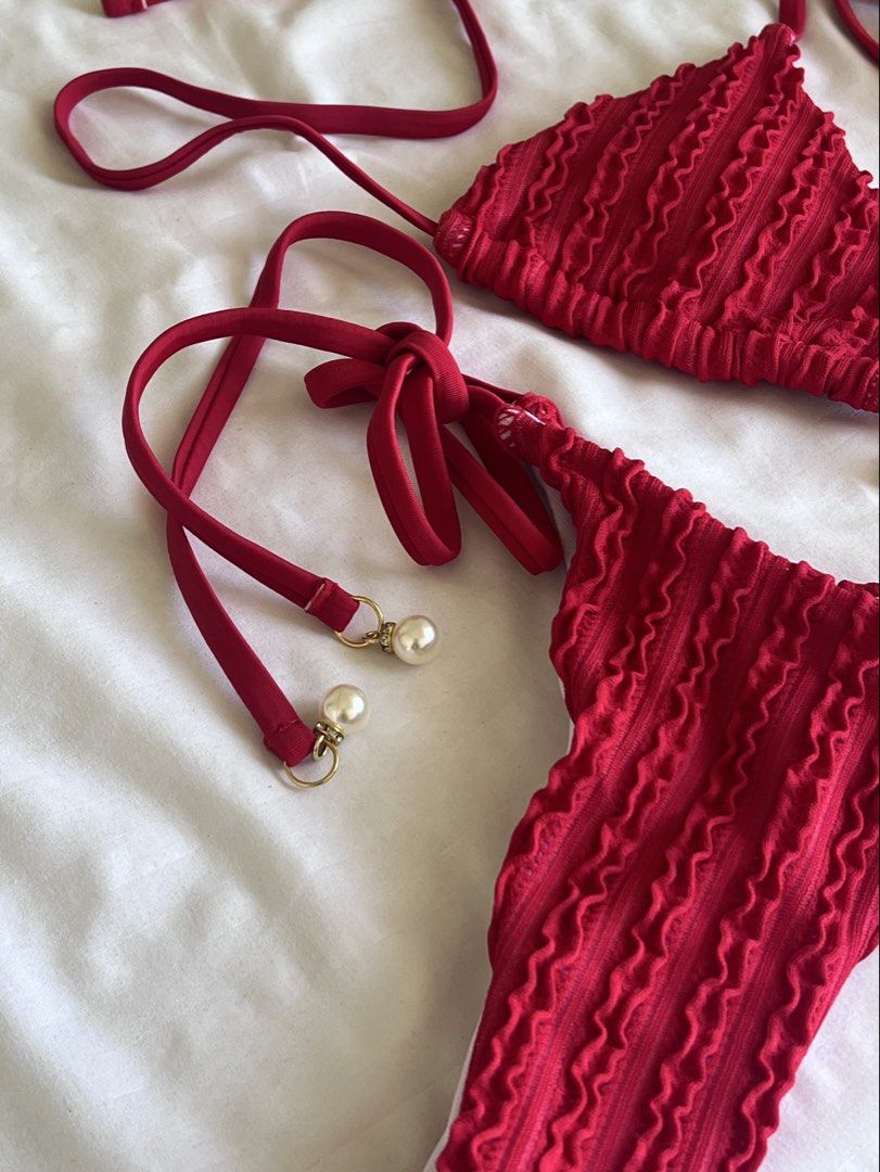 Red Textured Bikini with Pearl Details (Category: Bikinis & Swimsuits) located in Manila. Submitted by cdfit (Listing ID 1427644205, Image 2). Description: Super cute but too bright for my skintone. Never worn..