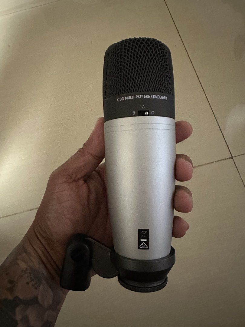 Samson C03 Multi-Pattern Condenser Microphone (Category: Microphones) located in Maasin. Submitted by coolbordz (Listing ID 1427642484, Image 2). Description: Samson C03 multi-pattern condenser microphone. It has a silver body with a black mesh head. The microphone has a switch for different polar patterns. It includes an XLR connector and a microphone holder. Free microphone pop filter. .