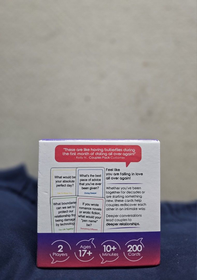 Talking Point Couples Conversation Card Game (Category: Board Games & Puzzles) located in Manila. Submitted by shopwithella.ph (Listing ID 1427660472, Image 2). Description: 💯 TALKING POINT CARD GAME FOR COUPLES BRAND NEW 💯 🌟 Please see attached photos for your entertainment 🌟 🌟 Those photos are the actual photos inside. I photographed them on my own. Please do not use for your shop, thank you very much 🌟 🌟 Not branded, but definitely a go