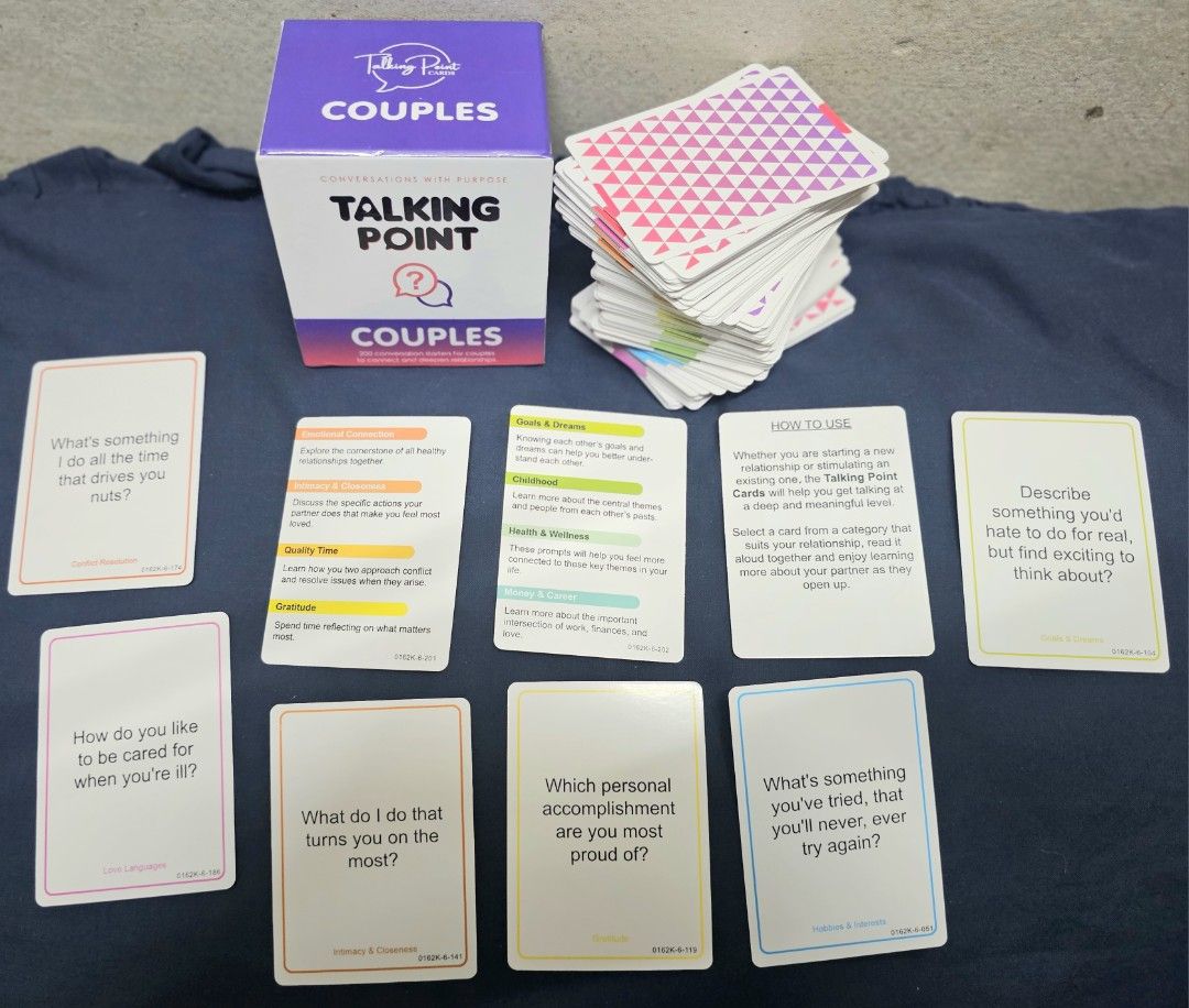 Talking Point Couples Conversation Card Game (Category: Board Games & Puzzles) located in Manila. Submitted by shopwithella.ph (Listing ID 1427660472, Image 3). Description: 💯 TALKING POINT CARD GAME FOR COUPLES BRAND NEW 💯 🌟 Please see attached photos for your entertainment 🌟 🌟 Those photos are the actual photos inside. I photographed them on my own. Please do not use for your shop, thank you very much 🌟 🌟 Not branded, but definitely a go