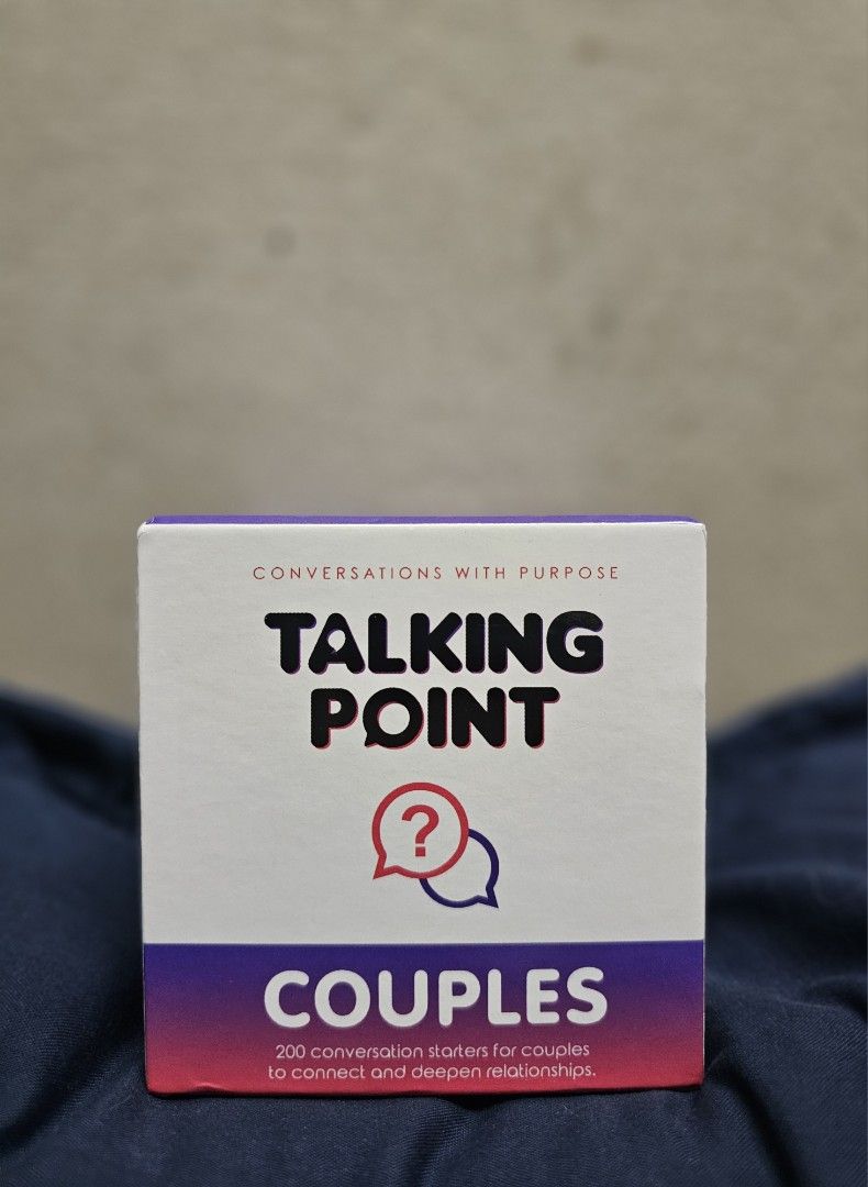 Talking Point Couples Conversation Card Game (Category: Board Games & Puzzles) located in Manila. Submitted by shopwithella.ph (Listing ID 1427660472, Image 1). Description: 💯 TALKING POINT CARD GAME FOR COUPLES BRAND NEW 💯 🌟 Please see attached photos for your entertainment 🌟 🌟 Those photos are the actual photos inside. I photographed them on my own. Please do not use for your shop, thank you very much 🌟 🌟 Not branded, but definitely a go