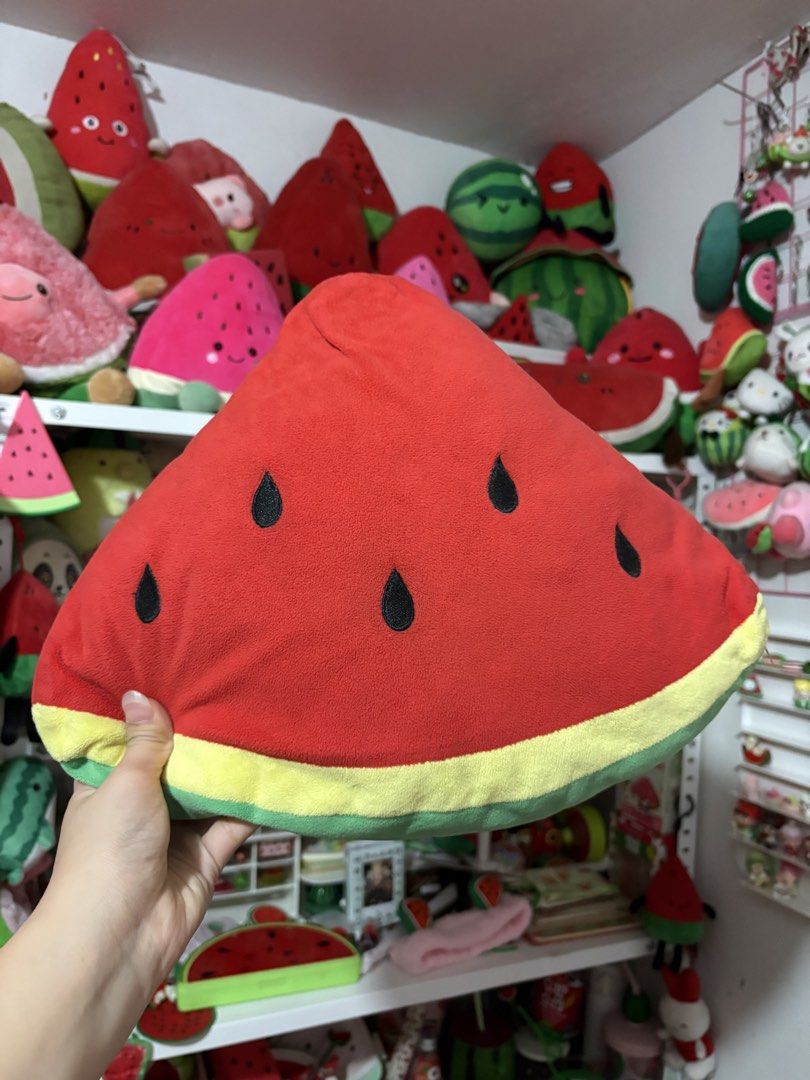 Watermelon Slice Plush Pillow (Category: Plushies & Soft Toys) located in Bulacan. Submitted by _declutterfly (Listing ID 1427732382, Image 1). Description: Decluttering some of my watermelon collection— selling them for a very low price for funds too. 🍉 need wash 🍉 thrifted 🍉 payment first 🍉 buyer will shoulder shipping fee .