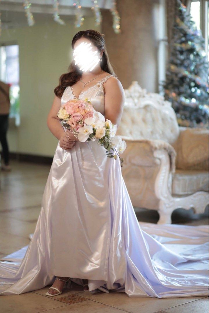 White Satin Wedding Gown with Train (Category: Evening dresses & gowns) located in Las Pinas. Submitted by dnse_ (Listing ID 1427654035, Image 3). Description: Selling my friend’s Bridal Wardrobe Set Acquisition cost: Php 30,000 Selling for Php 16,000, negotiable Inclusions: Custom-made Wedding Gown Pinterest-inspired design, best fits L, height: 5’2 Detachable tule sleeves with garter Detachable long satin train Chapel-length Bridal Veil with la