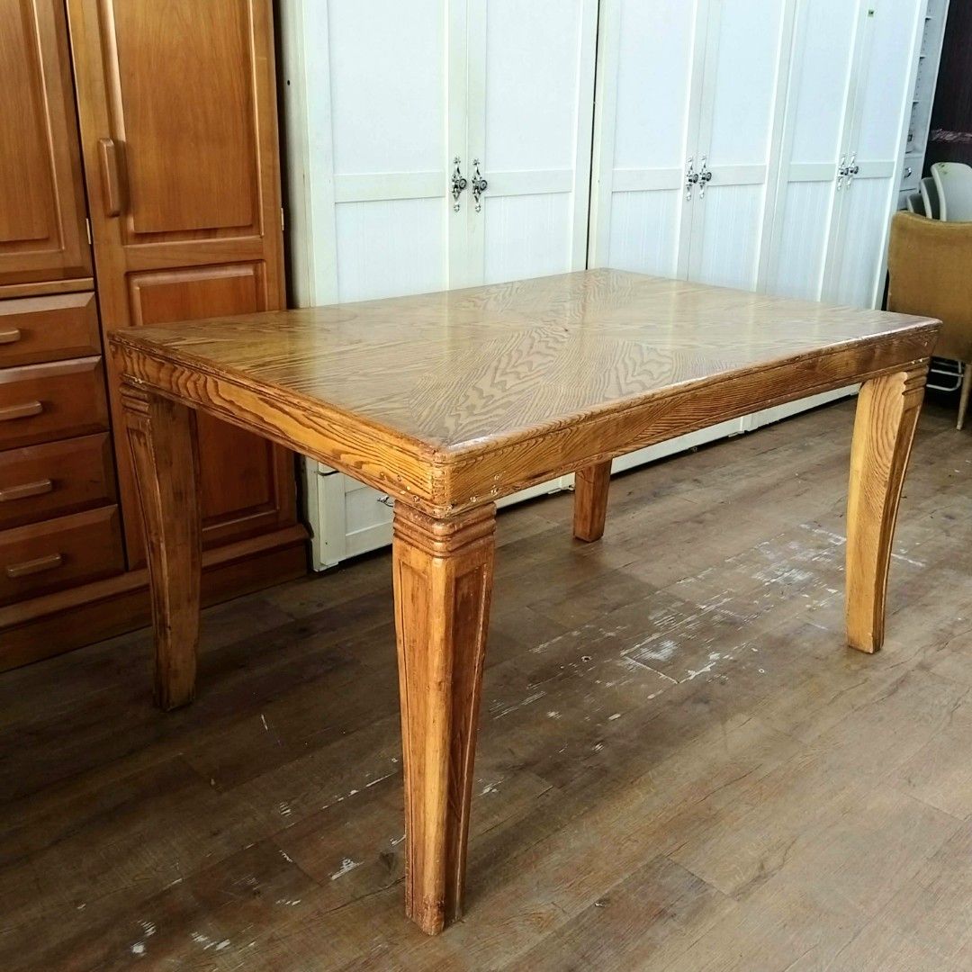 2nd hand Solid Wood Herringbone Pattern Dining Table (Category: Tables & Sets) located in Paranaque City. Submitted by 2ndcharmfurniture (Listing ID 1427889478, Image 2). Description: Elegant wooden dining table with a unique patterned tabletop. Features sturdy, curved legs and a warm, natural wood finish. Dimensions are L136cm x W91cm x H76cm. Perfect for adding a touch of classic style to your dining area..