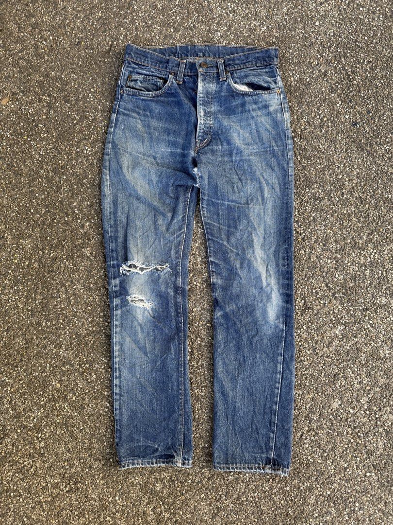 70's Distressed Levi's 505-0217 Single (Category: Jeans) located in Quezon City. Submitted by though.bare (Listing ID 1427853912, Image 1). Description: Fits on a 31-32 for Men In vintage condition, needs repair. Single-stitch inner pocket, chain-stitched hem, black bartack, double-digit button stamp. Zip-fly decently replaced with a button-fly. Waist : 16" Length : 42.5" Inseam : 30.5" Thigh : 11.5" Hem : 7.5" Front Rise : 12" No-when worns. Lis