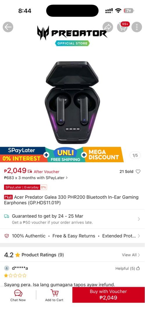 Acer Predator Galea 330 Bluetooth Earphones (Category: Earphones) located in Cainta. Submitted by edrexmabalot (Listing ID 1427886610, Image 3). Description: Acer Predator Galea 330 wireless earphones. Features Bluetooth 5.3 for fast connection and pairing. Includes a charging box, USB-C to USB-A charging cable, and various earplug sizes. Offers up to 10m transmission distance and 180 hours standby time. Enjoy clear sound for good music and voice