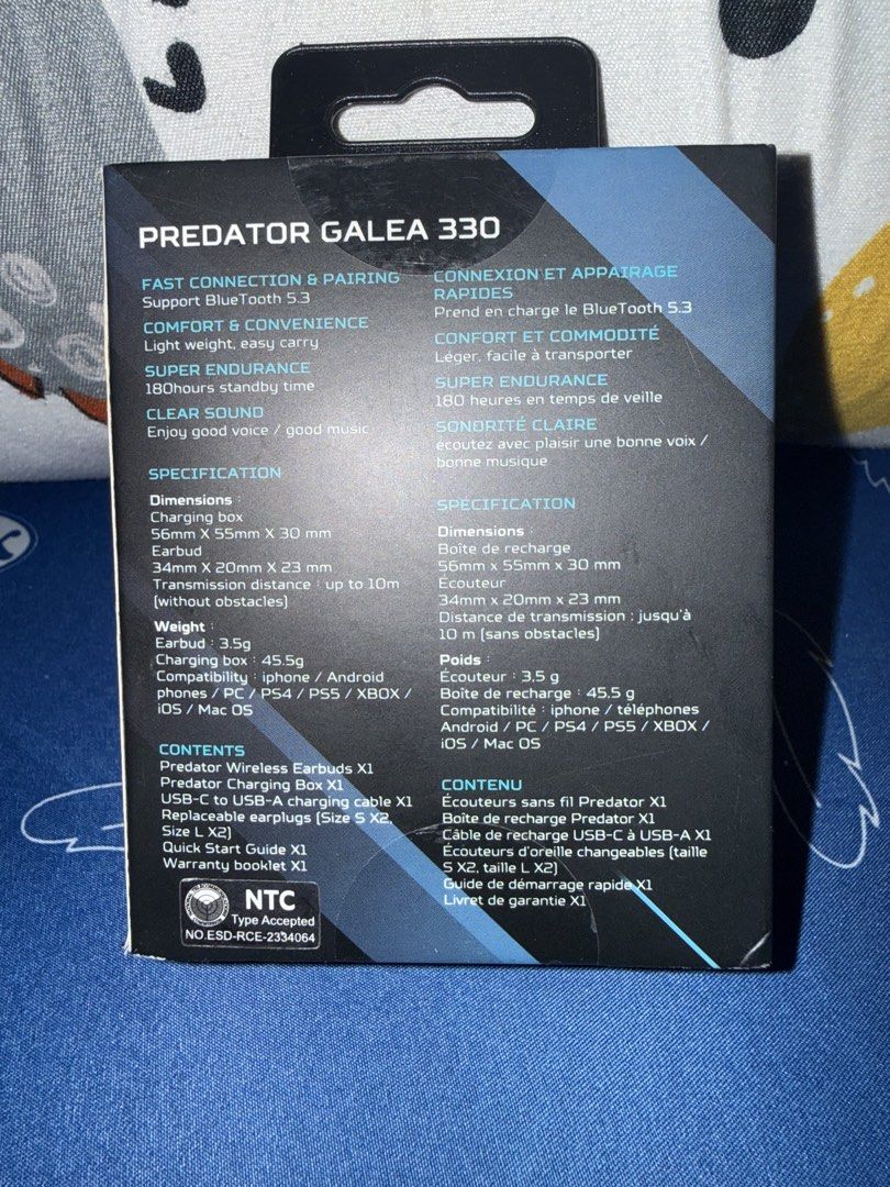 Acer Predator Galea 330 Bluetooth Earphones (Category: Earphones) located in Cainta. Submitted by edrexmabalot (Listing ID 1427886610, Image 2). Description: Acer Predator Galea 330 wireless earphones. Features Bluetooth 5.3 for fast connection and pairing. Includes a charging box, USB-C to USB-A charging cable, and various earplug sizes. Offers up to 10m transmission distance and 180 hours standby time. Enjoy clear sound for good music and voice