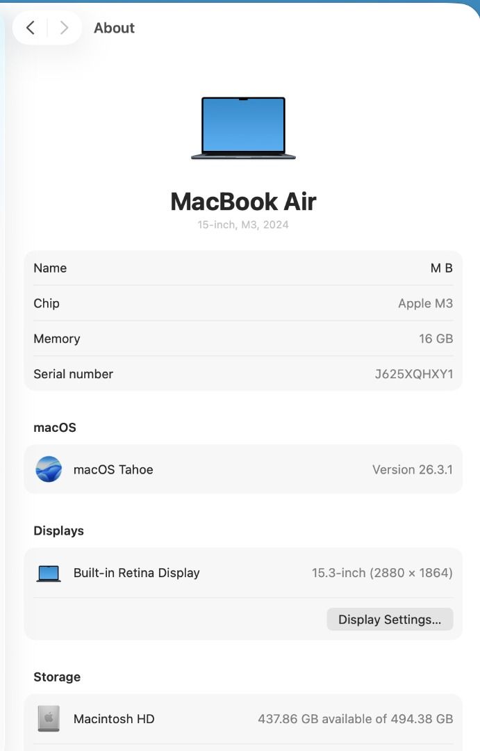 Apple MacBook Air M3 15.3in (Category: Laptops & Notebooks) located in Imus. Submitted by joyce2122 (Listing ID 1427819263, Image 3). Description: Used with care. Flaws, if any, are barely noticeable. M3 MacBook Air 15-inch (GOOD AS NEW PO) -M3 Apple Chip -16Gb Memory -512GB Storage -15-inches -95 Cycle Count only -99% Battery health -Midnight Blue İncludes: -Apple Laptop -Original Charger (Cable/Adaptor) -Original Box.