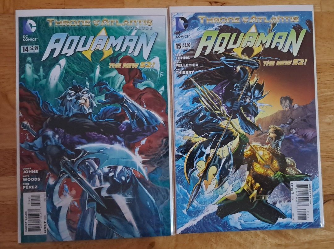 Aquaman Comic Book - The New 52! (Category: Comics & Manga) located in Quezon City. Submitted by ernestamaru2 (Listing ID 1427814189, Image 1). Description: Collection of Aquaman comic books from The New 52! series. Includes issues #14, #15, #16, and #17. Features various covers with Aquaman in action. Published by DC Comics. Each issue has a price tag of $2.99..