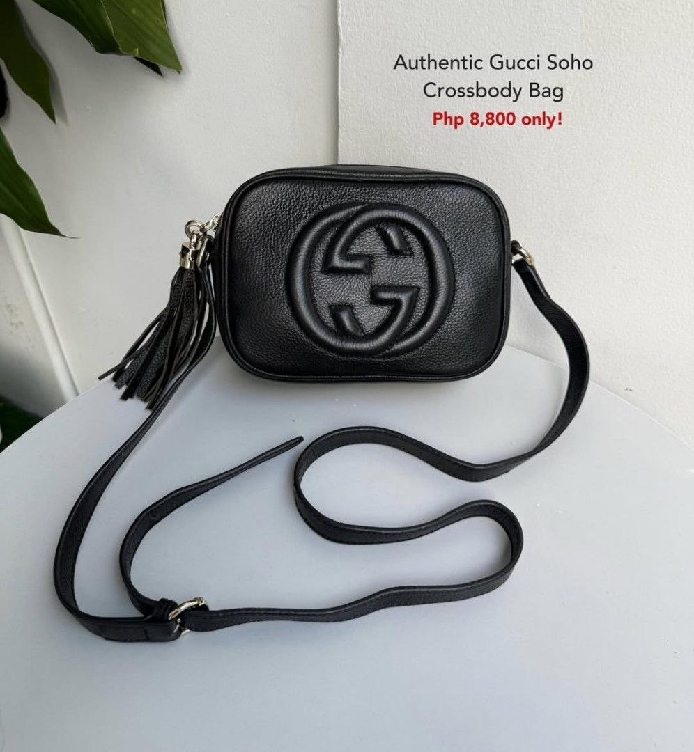 Authentic Gucci Soho Crossbody Bag (Category: Luxury Bags & Wallets) located in Quezon City. Submitted by graciasluxurybag (Listing ID 1427790451, Image 1). Description: Authentic Gucci Soho crossbody bag in black. Features the iconic Gucci logo on the front. Includes a long strap and a tassel detail. The bag is a classic design, perfect for everyday use..
