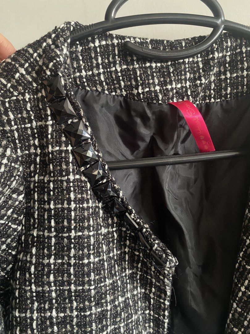 Black and White Tweed Jacket with Embellishments (Category: Coats, Jackets and Outerwear) located in Quezon City. Submitted by zazbee (Listing ID 1427863221, Image 2). Description: 🤑 Price negotiable 👗 RFS: Decluttering & doesn’t fit me anymore 📸 Can send when-worn photo 💳 MOP: Gcash, Maya or BPI.