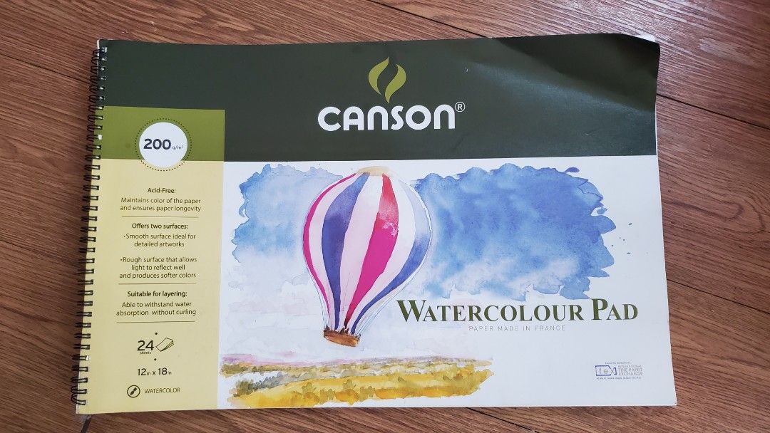 Canson Watercolour Pad 12x18 inches (Category: Stationery & School Supplies) located in Manila. Submitted by archvdbns (Listing ID 1427809804, Image 1). Description: Canson Watercolor Pad - 12x18 inches - 200 g/m² - spiral bound - 11 sheets left - ₱200 RFS: hindi na nagagamit, puro digital renderings na.