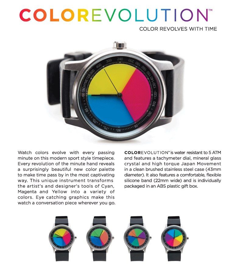 COLOREVOLUTION Watch (Category: Men's Watches) located in Singapore. Submitted by polibog (Listing ID 1427920013, Image 2). Description: Selling a pristine COLOREVOLUTION quartz watch. The watch’s face is composed of three saturated colors—cyan, magenta and yellow—that evolve into a variety of hues with every revolution of the minute hand. - Case: 43mm - Lug width: 22mm - Movement: Miyota 2036 Brand new battery installed mid-March ‘26. Also inclu
