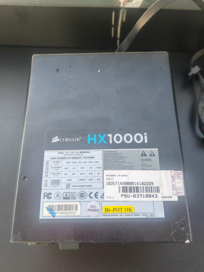 Corsair HX1000i Power Supply (Category: Computer Parts) located in Manila. Submitted by sound.solution (Listing ID 1427852644, Image 1). Description: lightly used Corsair HX1000i power supply. fully modular platinum rated 1000w psu multiple peripheral and SATA connectors, 6+2 PCIe, and 4+4 CPU connectors. Includes a 24-pin ATX connector. The unit has a Corsair Link Digital port and a USB port .