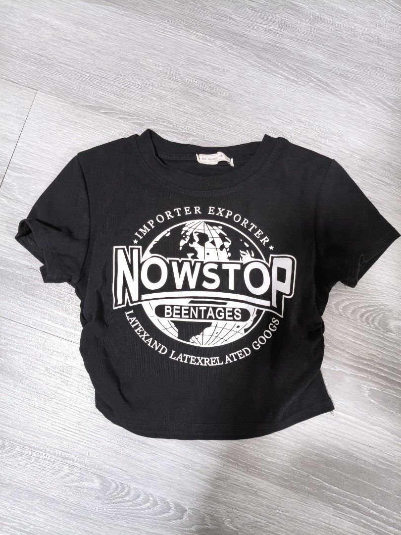 crop top (Category: Other Tops) located in Singapore. Submitted by btao_ (Listing ID 1427831753, Image 1). Description: Black Nowstop T-shirt with a white logo. Perfect for casual wear..