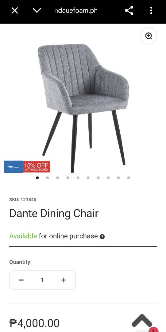 Dining Chair (Category: Chairs) located in San Juan City. Submitted by mjdeclutters (Listing ID 1427802171, Image 2). Description: Dining Chair Gray Bought from Mandaue Foam SRP is still 4k sa store signs of use but still good condition, lilinisan lang. hindi di pa need upholstering nilagyan ko lang ng rubber sa feet para di madulas RFS: redecorating. no space for the chair .