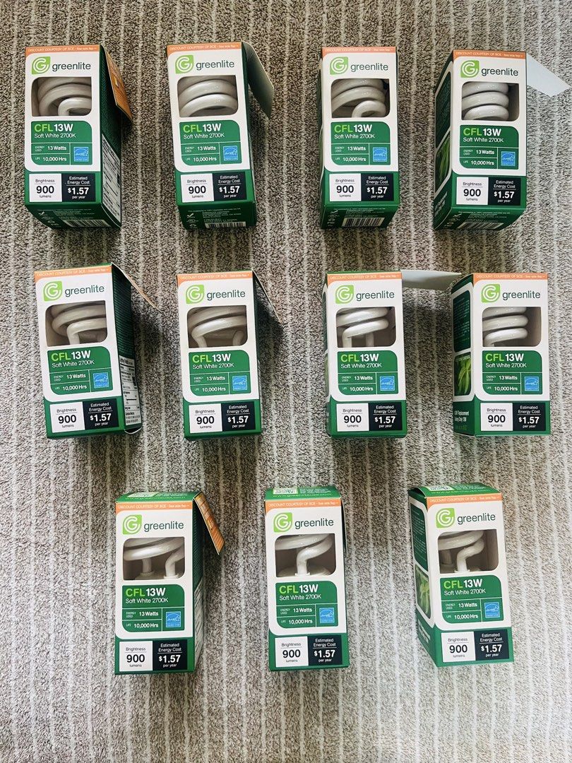 Greenlite CFL 13W Soft White 2700K Bulbs (Category: Lighting) located in Subic. Submitted by mr_niceguy001 (Listing ID 1427807699, Image 2). Description: (500 pesos MADE IN USA) Get these Greenlite CFL 13W Soft White 2700K light bulbs. Each bulb uses 13 watts and provides 900 lumens of brightness. They have an estimated energy cost of $1.57 per year and a lifespan of 10,000 hours. These bulbs are a 60W replacement and are energy efficient..