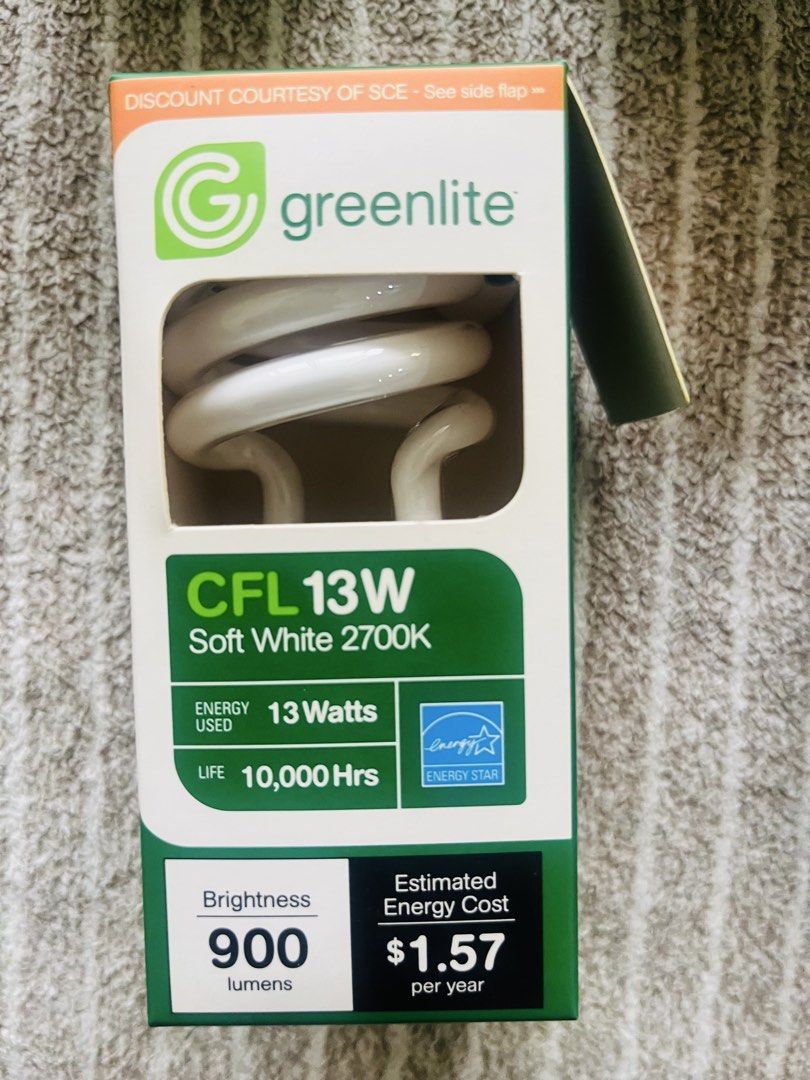 Greenlite CFL 13W Soft White 2700K Bulbs (Category: Lighting) located in Subic. Submitted by mr_niceguy001 (Listing ID 1427807699, Image 3). Description: (500 pesos MADE IN USA) Get these Greenlite CFL 13W Soft White 2700K light bulbs. Each bulb uses 13 watts and provides 900 lumens of brightness. They have an estimated energy cost of $1.57 per year and a lifespan of 10,000 hours. These bulbs are a 60W replacement and are energy efficient..