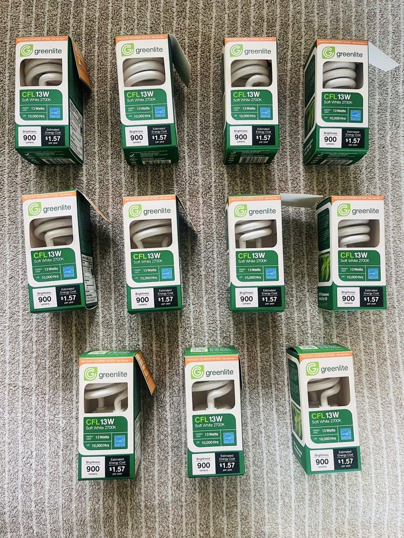 Greenlite CFL 13W Soft White 2700K Bulbs (Category: Lighting) located in Subic. Submitted by mr_niceguy001 (Listing ID 1427807699, Image 1). Description: (500 pesos MADE IN USA) Get these Greenlite CFL 13W Soft White 2700K light bulbs. Each bulb uses 13 watts and provides 900 lumens of brightness. They have an estimated energy cost of $1.57 per year and a lifespan of 10,000 hours. These bulbs are a 60W replacement and are energy efficient..