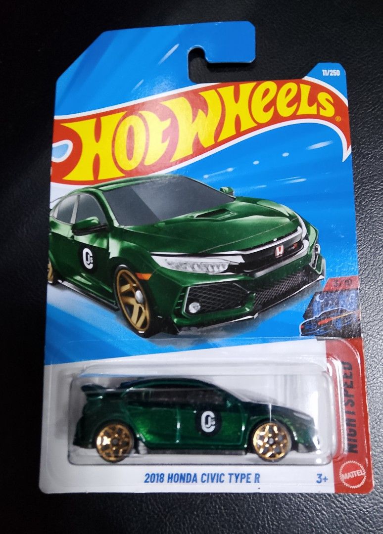Hot Wheels 2018 Honda Civic Type R (Category: Vehicle & Diecast Models) located in Paranaque City. Submitted by g-books-n-toys (Listing ID 1427914562, Image 1). Description: Hot Wheels 2018 Honda Civic Type R diecast car. It features a green body with gold-colored wheels. The car is part of the Night Speed series. The packaging shows the Hot Wheels logo and the number 11/250..