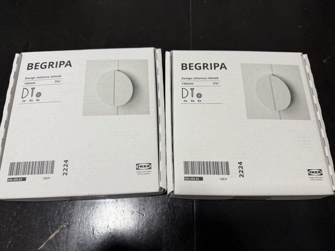 IKEA BEGRIPA Cabinet Knobs (2 sets) (Category: Shelves, Cabinets & Racks) located in Singapore. Submitted by gniyour (Listing ID 1427803301, Image 1). Description: New, unopened set of two IKEA BEGRIPA cabinet knobs. Designed by Johanna Jelinek. Each set includes the necessary screws for installation. Perfect for updating your kitchen or bathroom cabinets. Selling as a set of two.