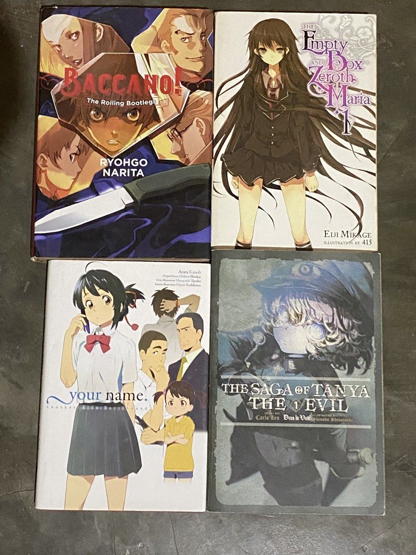 LIGHT NOVELS (Category: Comics & Manga) located in Baguio. Submitted by morii1 (Listing ID 1427849603, Image 1). Description: please feel free to ask questions in dm! PRICES: Baccano - 800 Your Name Earthbound - 600 Zeroth - 1200 Tanya - 400 .