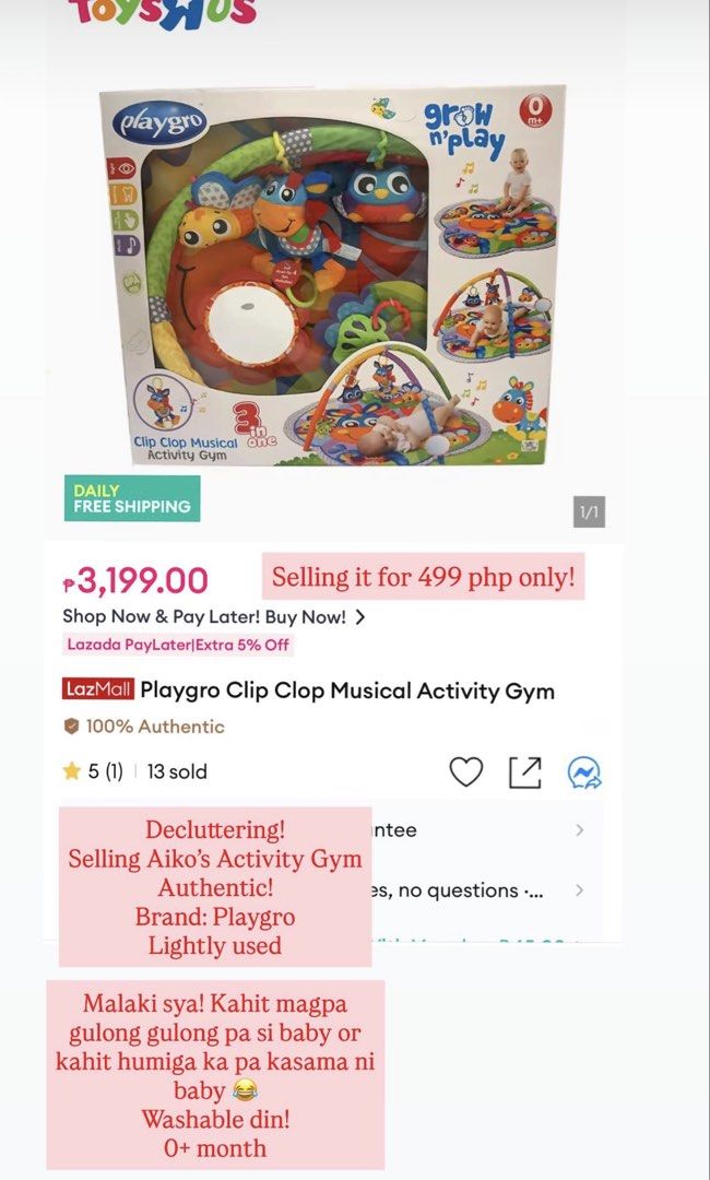 Playgro Clip Clop Musical Activity Gym (Category: Infant Playtime) located in Manila. Submitted by chrstnpscl (Listing ID 1427839904, Image 2). Description: Decluttering Pls see photos for description Washable Bought just last year Used for about 4 months only.