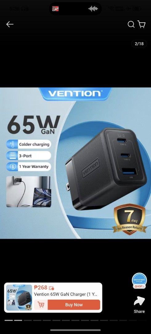 Vention 65w gan charger (Category: Chargers) located in Pasig City. Submitted by rilencer (Listing ID 1427811593, Image 1). Description: - Vention 65W GaN Charger - 3-Port Design - GaN Technology: Smaller, Safer, More Efficient - 650 php Used 1 month lang or less Rfs. Dina nagagamit Legit complete with box.