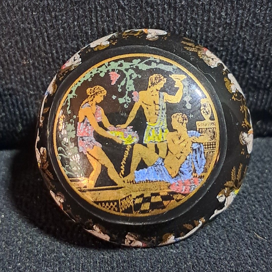 Vintage Ceramic Lidded Greek Solid Perfume Set of 2 (Category: Fragrance & Deodorants) located in Butuan. Submitted by fabchichub (Listing ID 1427792190, Image 3). Description: Vintage Greek Ceramic Lidded Perfume Pots – Set of 2 Add timeless elegance to your collection with this set of 2 vintage ceramic Greek perfume pots, beautifully crafted with black lacquer-style finish and intricate classical Greek scenes in gold and multicolor detailing. E