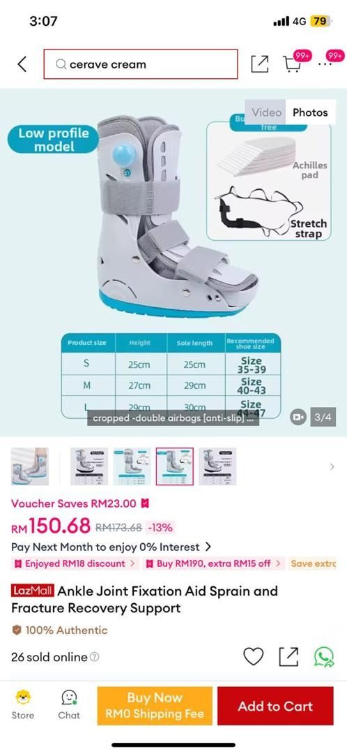 Walker Boot (Category: Foot Care) located in Kuala Lumpur. Submitted by 77551cc (Listing ID 1427847711, Image 2). Description: - Walker Boot - M size - Bought wrong size, never use before this. Ankle Joint Fixation Aid for sprain and fracture recovery. Features a low-profile design with double airbags and anti-slip sole..