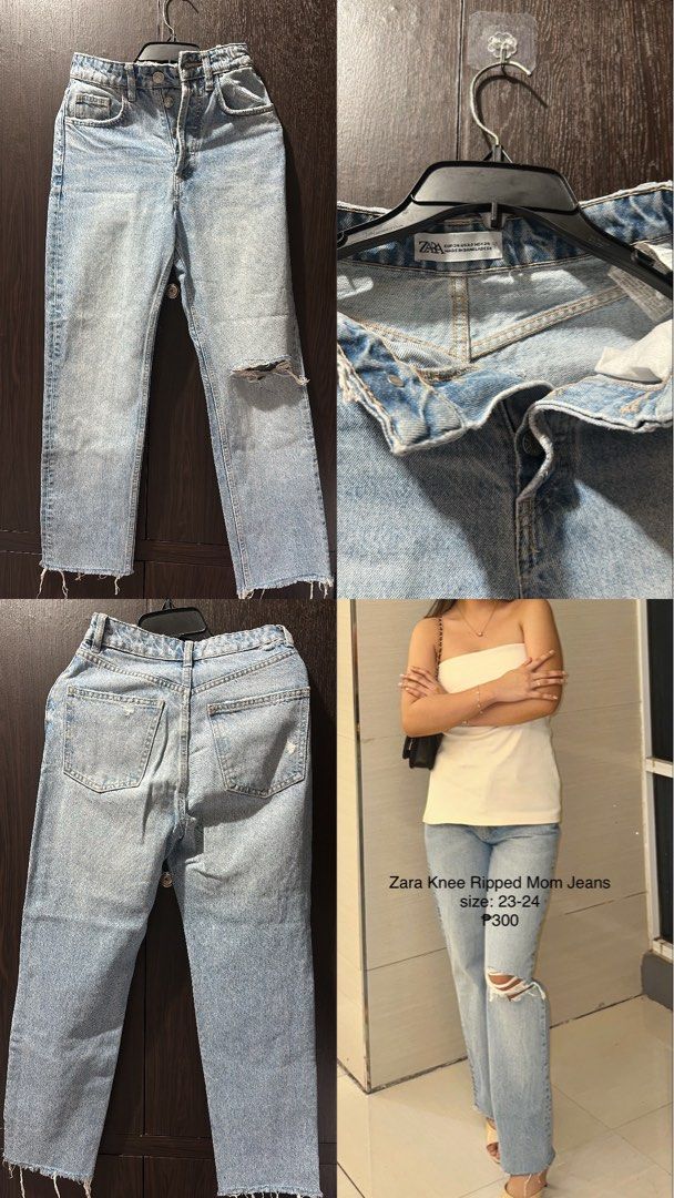 Zara Knee Ripped Mom Jeans (Category: Jeans) located in Makati City. Submitted by sohdeclutters_ (Listing ID 1427889020, Image 1). Description: Zara mom jeans with knee rips. Features a light wash and raw hem. Size is 23-24. The jeans have a classic five-pocket design and a button and zipper closure. .