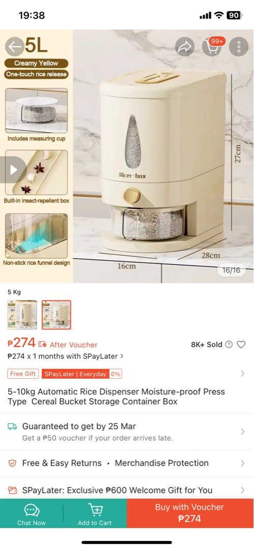 5L Automatic Rice Dispenser (Category: Food Organization & Storage) located in Manila. Submitted by irishlontoc (Listing ID 1428035166, Image 2). Description: Price is negotiable Bought it from 🍊 this March 21 2026. Rfs. Color didn’t match with the theme. .