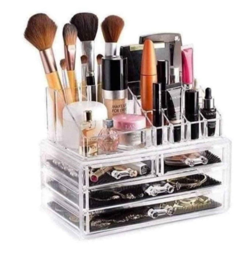 Acrylic Makeup Organizer with Drawers (Category: Makeup) located in Manila. Submitted by yzlshop (Listing ID 1427947082, Image 1). Description: Clear acrylic makeup organizer with multiple compartments and drawers. Features sections for brushes, lipsticks, and other cosmetics. Includes three drawers for storing jewelry or additional makeup items. The organizer is designed to keep your beauty essentials neatly arranged and easily accessible..