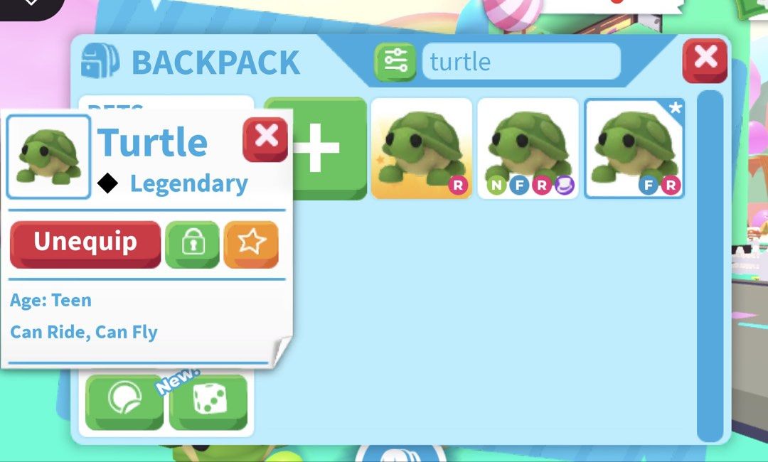 Adopt Me! Fly Ride Turtle (Category: In-Game Products) located in Manila. Submitted by thevariousseller (Listing ID 1427990670, Image 2). Description: TURTLE adopt me.
