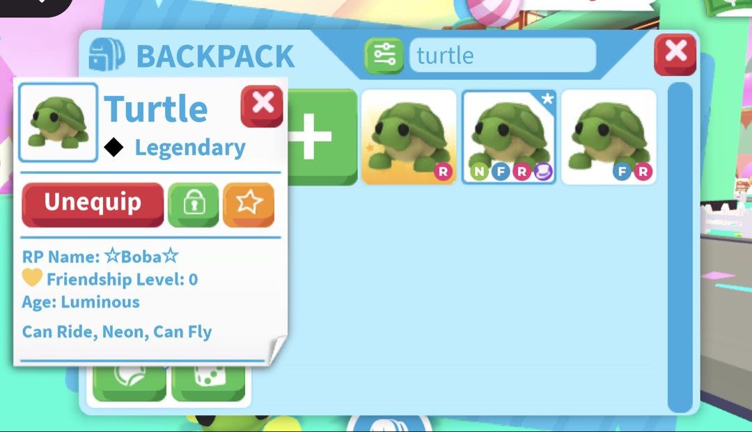 Adopt Me! Neon Fly Ride Turtle (Category: In-Game Products) located in Manila. Submitted by thevariousseller (Listing ID 1427993011, Image 2). Description: Neon turtle.