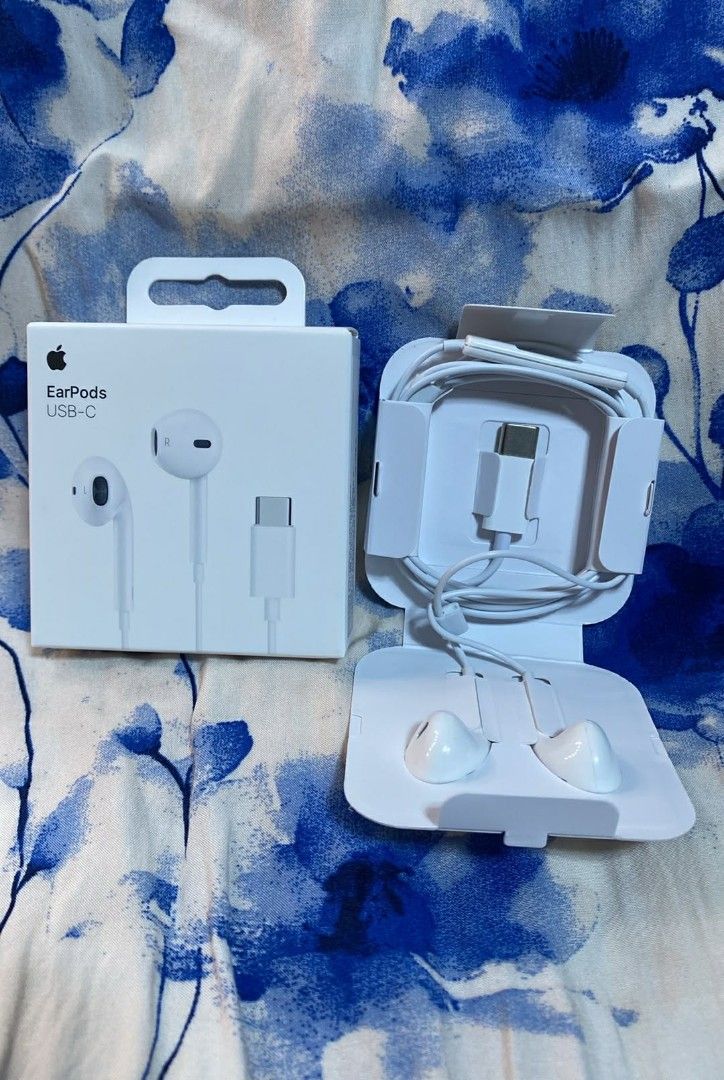 Apple EarPods USB-C (Category: Earphones) located in Manila. Submitted by milasgadgetph (Listing ID 1428092119, Image 1). Description: Genuine Apple EarPods with USB-C connector. Comes with the original box and packaging. The earphones are white. Perfect for listening to music or taking calls. The box shows the Apple logo and the EarPods name. The USB-C connector is visible in the image..