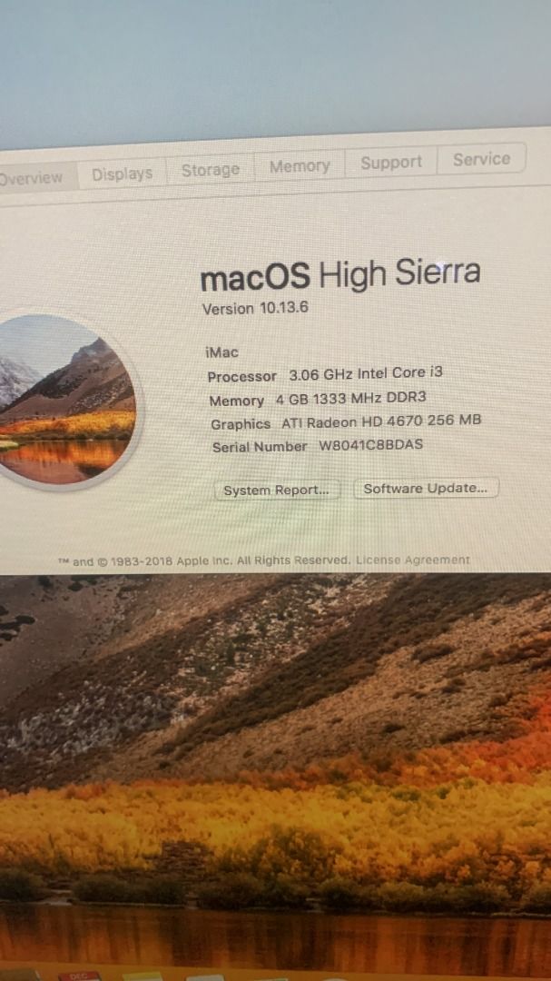 Apple iMac 21.5-inch Screen HD (Category: Desktops) located in Mandaluyong City. Submitted by bernie.silverio (Listing ID 1428038678, Image 1). Description: IMac features a 3.06 GHz Intel Core i3 processor and 4 GB of 1333 MHz DDR3 memory. It runs on macOS High Sierra version 10.13.6. The graphics card is an ATI Radeon HD 4670 4GB with 256 HD. Only used to check email owner not a PC user. Bare 2017 Acquired from USA Call 0917-3619870 for view and