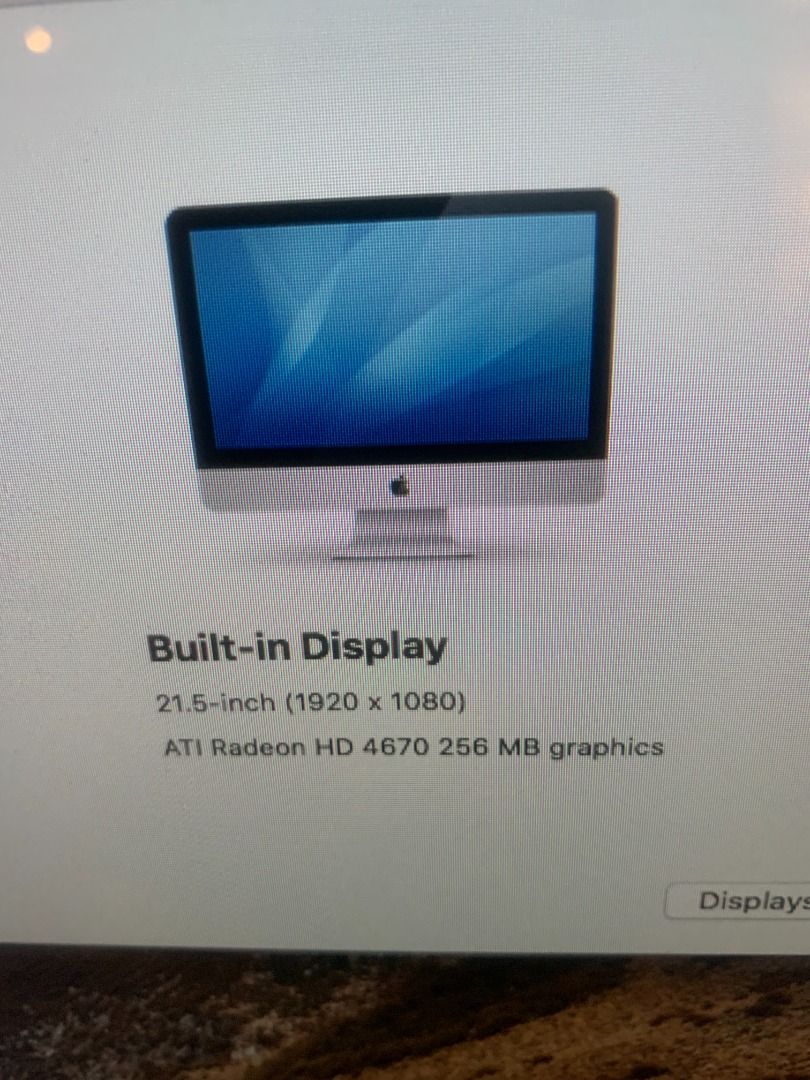 Apple iMac 21.5-inch Screen HD (Category: Desktops) located in Mandaluyong City. Submitted by bernie.silverio (Listing ID 1428038678, Image 3). Description: IMac features a 3.06 GHz Intel Core i3 processor and 4 GB of 1333 MHz DDR3 memory. It runs on macOS High Sierra version 10.13.6. The graphics card is an ATI Radeon HD 4670 4GB with 256 HD. Only used to check email owner not a PC user. Bare 2017 Acquired from USA Call 0917-3619870 for view and