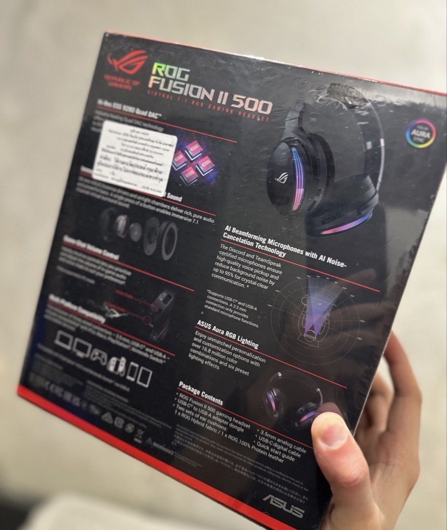 ASUS ROG Fusion II 500 Gaming Headset (Category: Headphones & Headsets) located in Quezon City. Submitted by leu1391 (Listing ID 1428069526, Image 2). Description: Brand New / Sealed / Unopened / Original ROG Fusion II 500 RGB gaming headset with high resolution ESS 9280 Quad DAC™, deep bass and immersive virtual 7.1 surround sound, AI Beamforming Microphones with AI Noise Cancelation, Game Chat volume control, compatible with PCs, PlayStation® 5