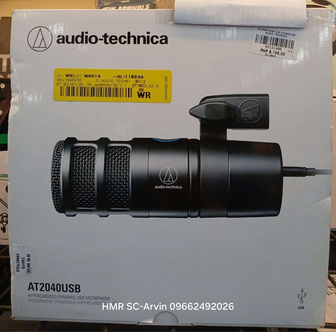 Audio-Technica AT2040USB Hypercardioid Dynamic Microphone (Category: Microphones) located in Manila. Submitted by sc_arvin (Listing ID 1427981828, Image 1). Description: Audio-Technica AT2040USB Hypercardioid Dynamic USB Microphone. The box includes the microphone and a stand. It is a dynamic USB microphone. The box has a sticker with the price of PHP 8,789.00. The microphone is black..