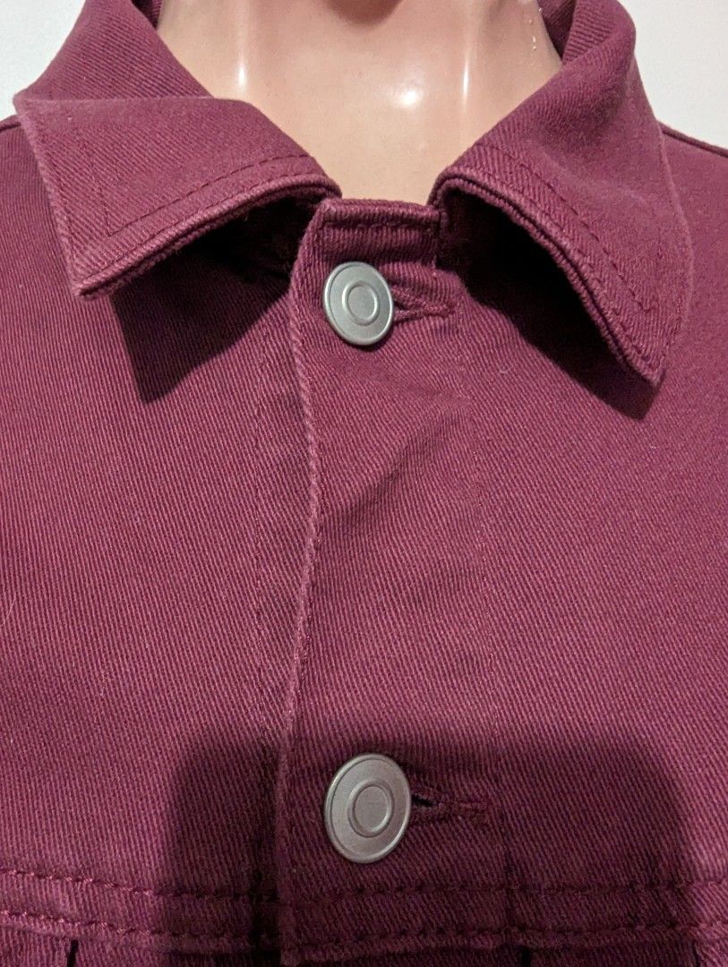 Browny Denim Jacket - M (Maroon) (Category: Coats, Jackets and Outerwear) located in General Trias. Submitted by mervcorner (Listing ID 1427935842, Image 3). Description: Unisex Jacket (Maroon) Brand: Browny Size: Medium Denim 4 Pockets Seldom use. Presentable. For casual and formal wear. RFS: Decluttering Item Location: General Trias, Cavite Delivery thru lalamove (at buyer's expense) Contact 09918984245 if interested..